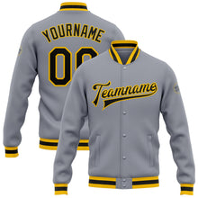 Load image into Gallery viewer, Custom Gray Black-Gold Bomber Full-Snap Varsity Letterman Jacket
