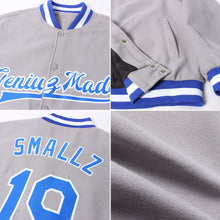 Load image into Gallery viewer, Custom Gray Royal-White Bomber Full-Snap Varsity Letterman Jacket
