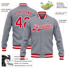 Load image into Gallery viewer, Custom Gray Red-White Bomber Full-Snap Varsity Letterman Jacket