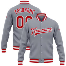 Load image into Gallery viewer, Custom Gray Red-White Bomber Full-Snap Varsity Letterman Jacket