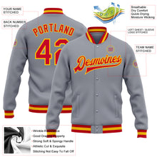 Load image into Gallery viewer, Custom Gray Red-Gold Bomber Full-Snap Varsity Letterman Jacket