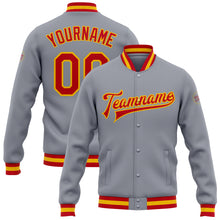 Load image into Gallery viewer, Custom Gray Red-Gold Bomber Full-Snap Varsity Letterman Jacket