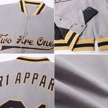 Load image into Gallery viewer, Custom Gray Black-Old Gold Bomber Full-Snap Varsity Letterman Jacket