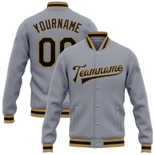 Load image into Gallery viewer, Custom Gray Black-Old Gold Bomber Full-Snap Varsity Letterman Jacket