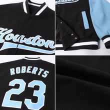 Load image into Gallery viewer, Custom Black Light Blue-White Bomber Full-Snap Varsity Letterman Two Tone Jacket
