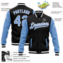 Load image into Gallery viewer, Custom Black Light Blue-White Bomber Full-Snap Varsity Letterman Two Tone Jacket