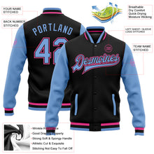 Load image into Gallery viewer, Custom Black Light Blue-Pink Bomber Full-Snap Varsity Letterman Two Tone Jacket