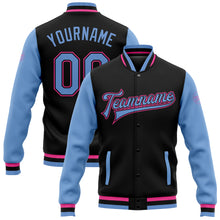 Load image into Gallery viewer, Custom Black Light Blue-Pink Bomber Full-Snap Varsity Letterman Two Tone Jacket