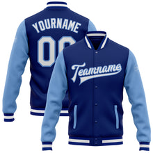 Load image into Gallery viewer, Custom Royal White-Light Blue Bomber Full-Snap Varsity Letterman Two Tone Jacket