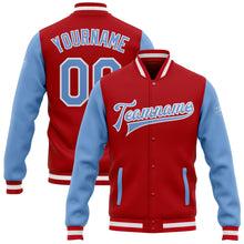 Load image into Gallery viewer, Custom Red Light Blue-White Bomber Full-Snap Varsity Letterman Two Tone Jacket