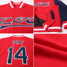 Load image into Gallery viewer, Custom Red Navy-White Bomber Full-Snap Varsity Letterman Two Tone Jacket