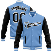 Load image into Gallery viewer, Custom Light Blue Black-White Bomber Full-Snap Varsity Letterman Two Tone Jacket