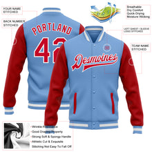 Load image into Gallery viewer, Custom Light Blue Red-White Bomber Full-Snap Varsity Letterman Two Tone Jacket