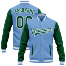 Load image into Gallery viewer, Custom Light Blue Kelly Green-White Bomber Full-Snap Varsity Letterman Two Tone Jacket