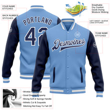 Load image into Gallery viewer, Custom Light Blue Navy-White Bomber Full-Snap Varsity Letterman Two Tone Jacket