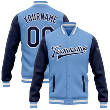 Load image into Gallery viewer, Custom Light Blue Navy-White Bomber Full-Snap Varsity Letterman Two Tone Jacket