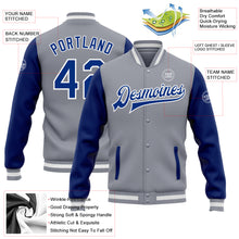 Load image into Gallery viewer, Custom Gray Royal-White Bomber Full-Snap Varsity Letterman Two Tone Jacket