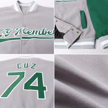 Load image into Gallery viewer, Custom Gray Kelly Green-White Bomber Full-Snap Varsity Letterman Two Tone Jacket