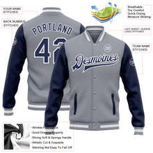 Load image into Gallery viewer, Custom Gray Navy-White Bomber Full-Snap Varsity Letterman Two Tone Jacket