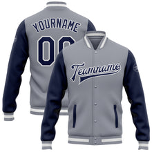 Load image into Gallery viewer, Custom Gray Navy-White Bomber Full-Snap Varsity Letterman Two Tone Jacket