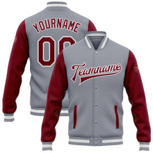 Load image into Gallery viewer, Custom Gray Crimson-White Bomber Full-Snap Varsity Letterman Two Tone Jacket
