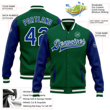 Load image into Gallery viewer, Custom Kelly Green Royal-White Bomber Full-Snap Varsity Letterman Two Tone Jacket