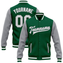 Load image into Gallery viewer, Custom Kelly Green White-Gray Bomber Full-Snap Varsity Letterman Two Tone Jacket