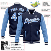 Load image into Gallery viewer, Custom Navy Light Blue-White Bomber Full-Snap Varsity Letterman Two Tone Jacket