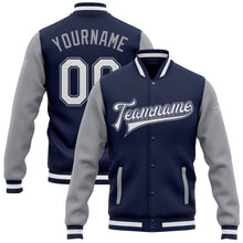 Load image into Gallery viewer, Custom Navy White-Gray Bomber Full-Snap Varsity Letterman Two Tone Jacket