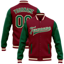 Load image into Gallery viewer, Custom Crimson Kelly Green-Cream Bomber Full-Snap Varsity Letterman Two Tone Jacket