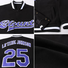 Load image into Gallery viewer, Custom Black Purple-White Bomber Full-Snap Varsity Letterman Jacket