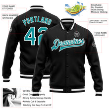 Load image into Gallery viewer, Custom Black Aqua-White Bomber Full-Snap Varsity Letterman Jacket