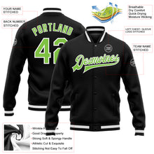 Load image into Gallery viewer, Custom Black Neon Green-White Bomber Full-Snap Varsity Letterman Jacket