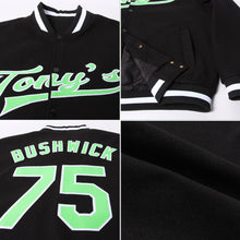 Load image into Gallery viewer, Custom Black Pea Green-White Bomber Full-Snap Varsity Letterman Jacket