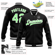 Load image into Gallery viewer, Custom Black Pea Green-White Bomber Full-Snap Varsity Letterman Jacket