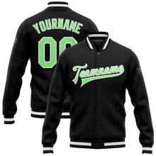 Load image into Gallery viewer, Custom Black Pea Green-White Bomber Full-Snap Varsity Letterman Jacket