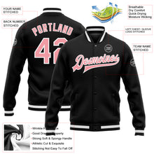 Load image into Gallery viewer, Custom Black Medium Pink-White Bomber Full-Snap Varsity Letterman Jacket