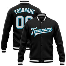 Load image into Gallery viewer, Custom Black White-Panther Blue Bomber Full-Snap Varsity Letterman Jacket