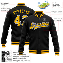 Load image into Gallery viewer, Custom Black Gold-White Bomber Full-Snap Varsity Letterman Jacket