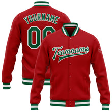 Load image into Gallery viewer, Custom Red Kelly Green-White Bomber Full-Snap Varsity Letterman Jacket