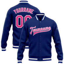 Load image into Gallery viewer, Custom Royal Pink-White Bomber Full-Snap Varsity Letterman Jacket