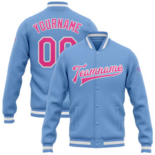 Load image into Gallery viewer, Custom Light Blue Pink-White Bomber Full-Snap Varsity Letterman Jacket