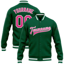 Load image into Gallery viewer, Custom Kelly Green Pink-White Bomber Full-Snap Varsity Letterman Jacket