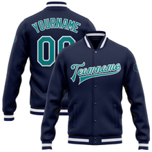 Load image into Gallery viewer, Custom Navy Aqua-White Bomber Full-Snap Varsity Letterman Jacket
