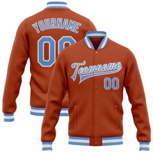 Load image into Gallery viewer, Custom Texas Orange Light Blue-White Bomber Full-Snap Varsity Letterman Jacket