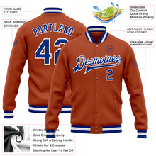 Load image into Gallery viewer, Custom Texas Orange Royal-White Bomber Full-Snap Varsity Letterman Jacket