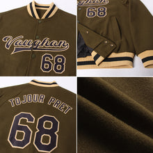 Load image into Gallery viewer, Custom Olive Black-Old Gold Bomber Full-Snap Varsity Letterman Salute To Service Jacket