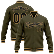 Load image into Gallery viewer, Custom Olive Black-Old Gold Bomber Full-Snap Varsity Letterman Salute To Service Jacket