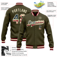 Load image into Gallery viewer, Custom Olive Vintage USA Flag Cream-Maroon Bomber Full-Snap Varsity Letterman Salute To Service Jacket