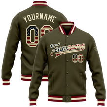 Load image into Gallery viewer, Custom Olive Vintage USA Flag Cream-Maroon Bomber Full-Snap Varsity Letterman Salute To Service Jacket